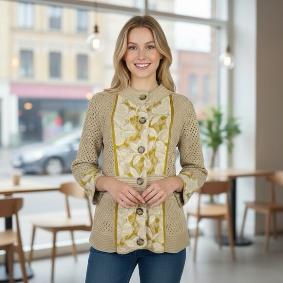 Lia Molly Anthropologie Cardigan Sz Large Aestival Yellow Tan Wool Blend Artsy - Picture 1 of 16